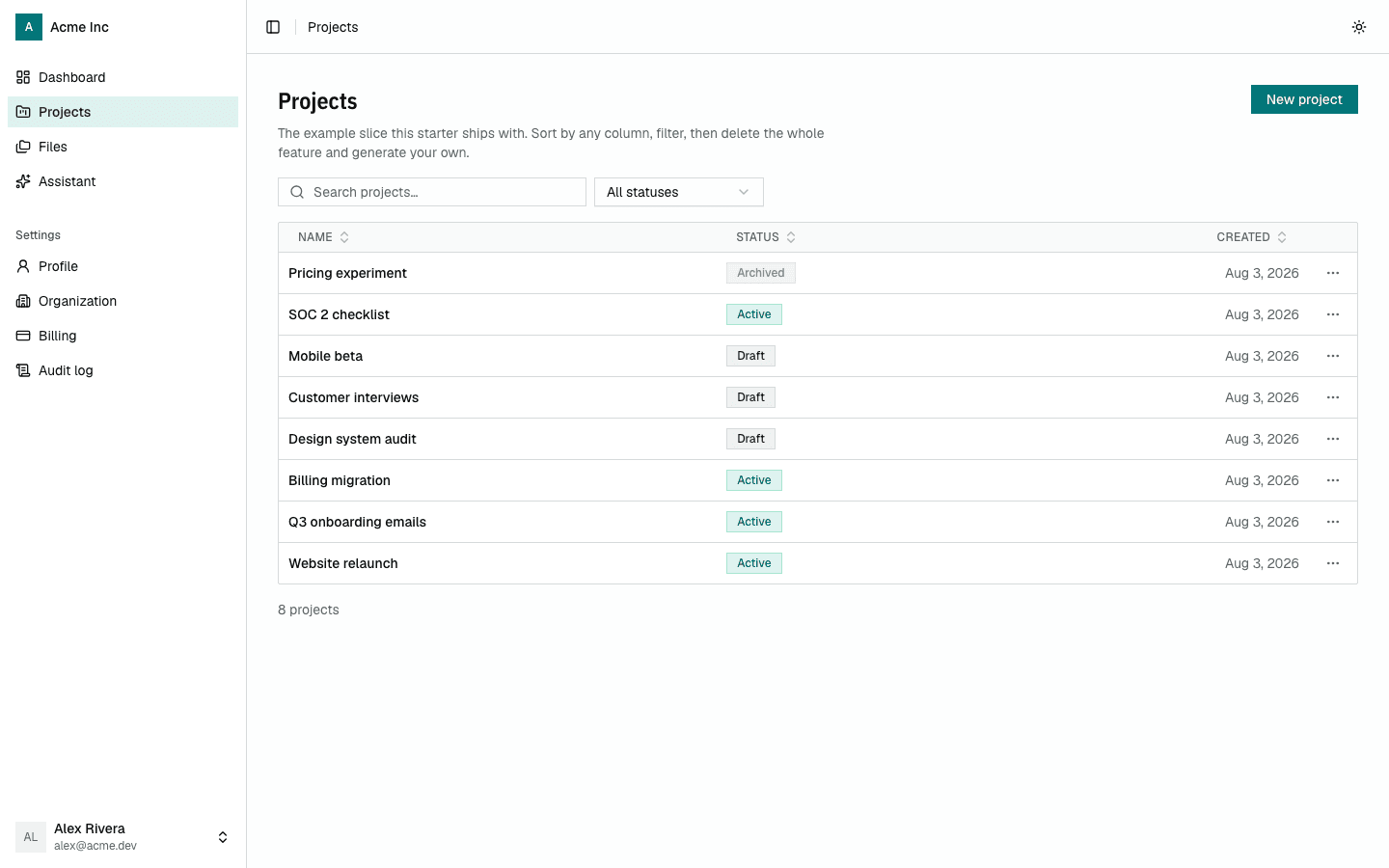 The projects list under the dense preset
