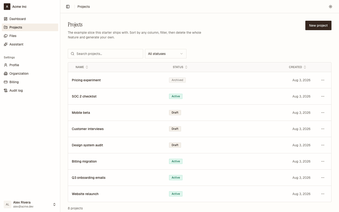 The projects list under the editorial preset