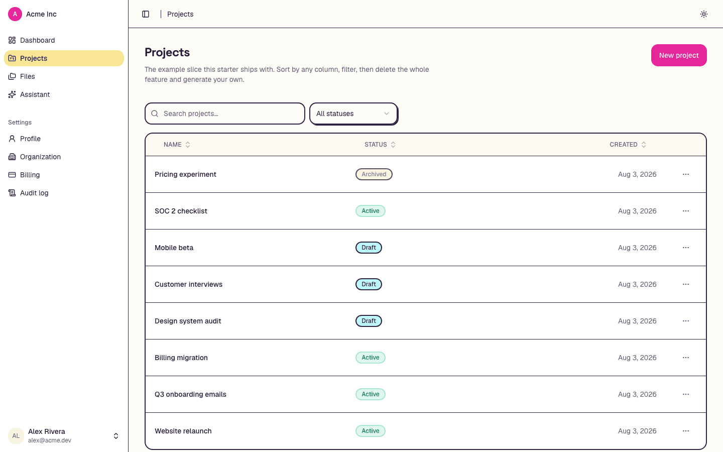 The projects list under the playful preset