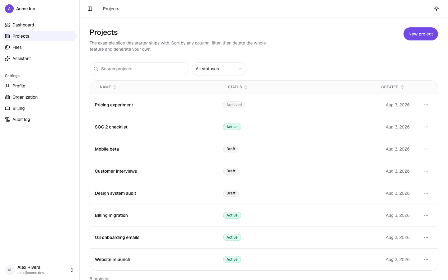 The projects list under the rounded preset