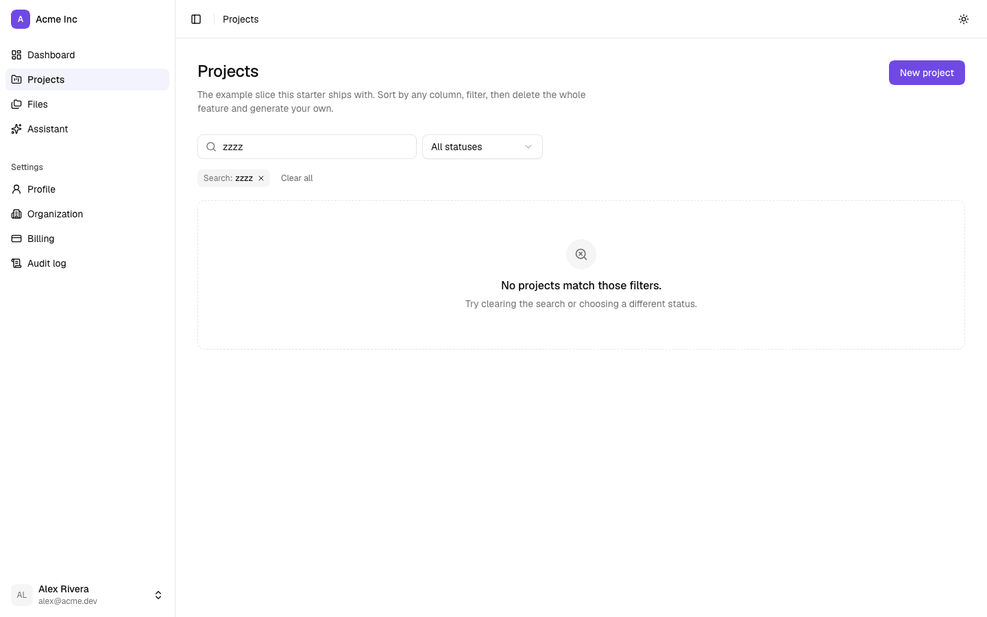 The filtered-empty state: a different icon, different words and no "create your first"