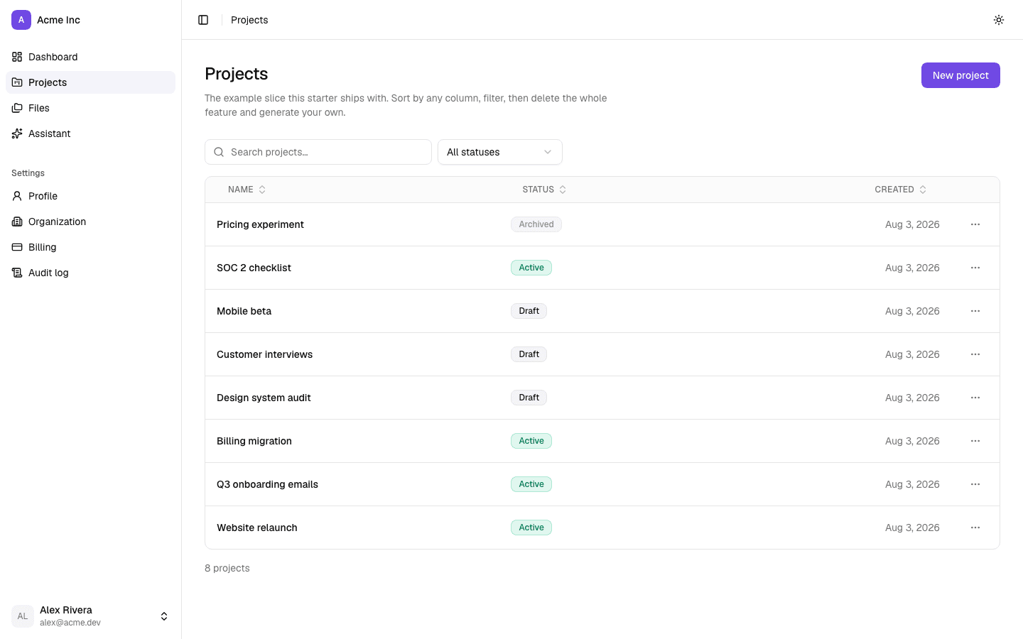 The projects list: sortable headers, tone-mapped status badges, row actions and a result count